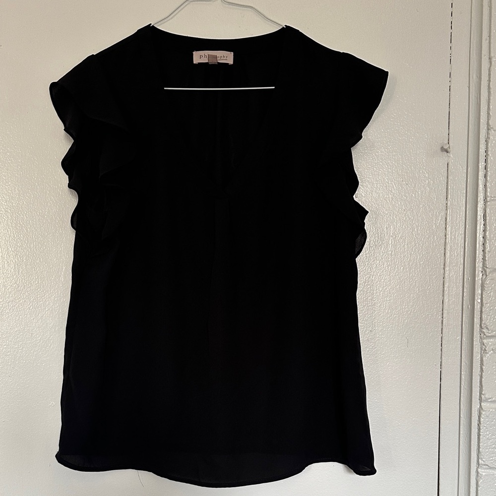 Philosophy Black Ruffle Sleeve V-Neck Blouse